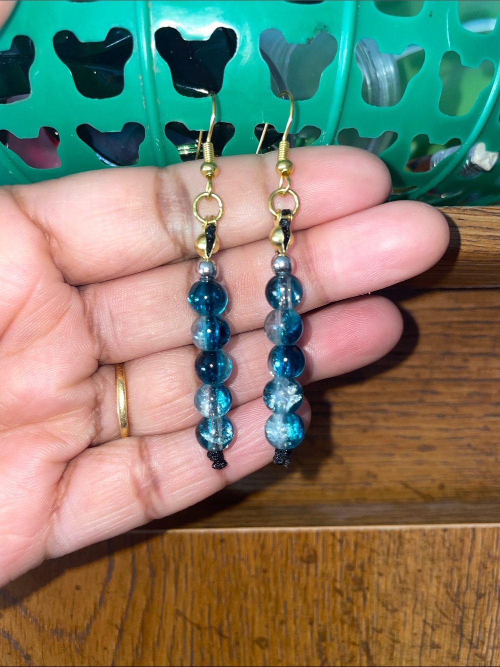 Hand Crafted Teal and Gold Beaded Drop Earrings